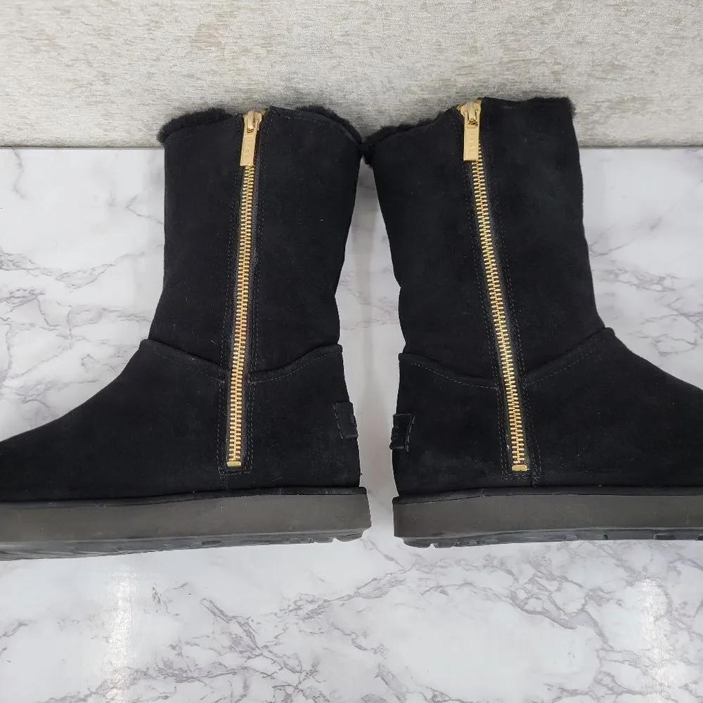 Ugg Black Suede Shearling Sherpa Lined Gold Zipper Women's Boots Size 6